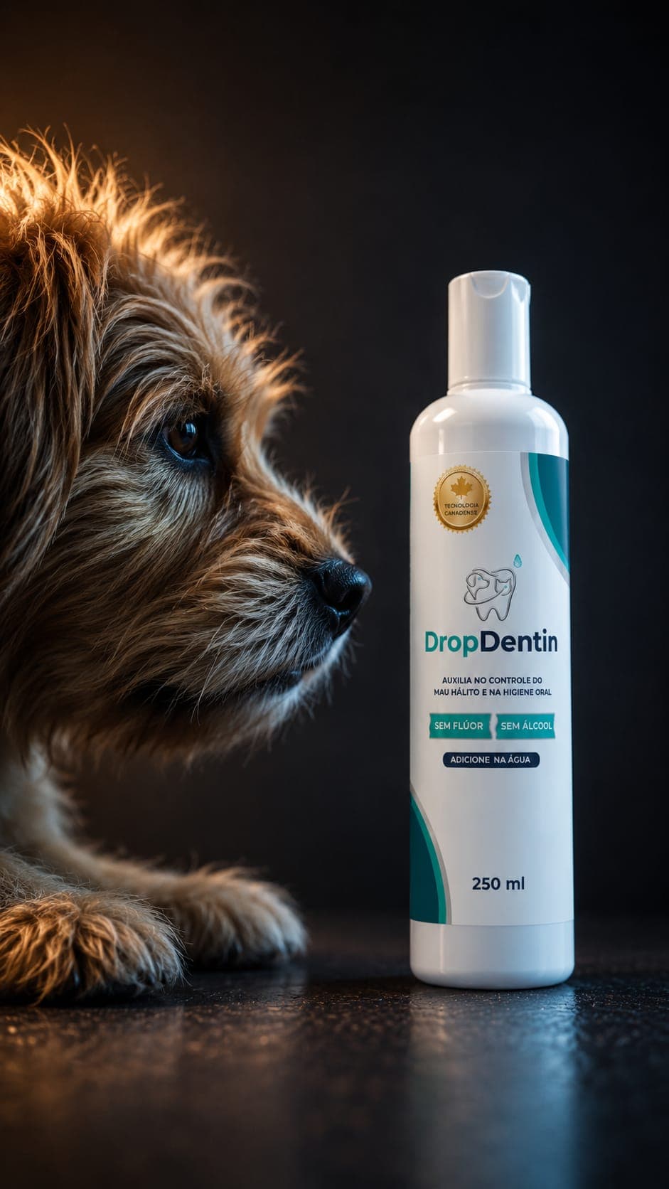 DropDentin — solução bucal para pets ao lado de um cachorro terrier